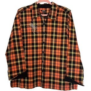 Krazy Kat Spider Rhinestone Women's  Sz‎ XL Orange Black Plaid Button Down Shirt